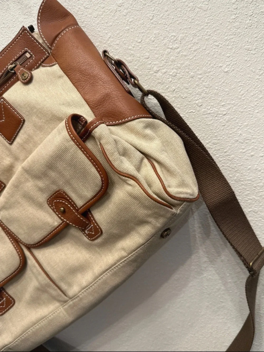 Tommy Bahama Challenge Canvas Leather Messenger Bag Travel Satchel Brown Beige